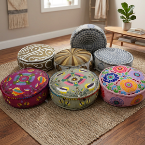 Bohemian Modern Living Room Decor Embroidered Cotton Pouf and Floor Pillow Puff 60x20cm - Product Image 3