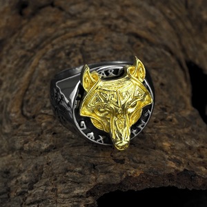 Men's <b>Titanium</b> Steel Wolf Head <b>Ring</b> Gold Viking Rune Compass Design Hip Hop Style Fashion Jewelry Gift - Product Image 1