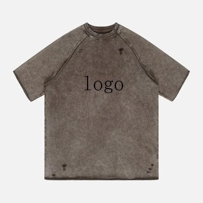 도매 두꺼운 프랑스 테리 라글란 티셔츠 워시 고민 자수 T 셔츠