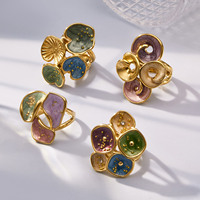 Anillo Ancho de Acero Inoxidable con Esmalte de Hoja de Loto para Mujer, Joyería Bohemia Natural Verde Colorida, Regalo para Ella, Uso Diario
