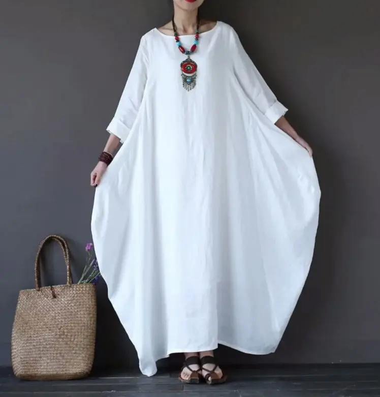 Solid Linen Cotton Women Dress M-5XL Loose 3/4 Sleeve Summer Vintage Dress Female Casual Maxi Robe Dress