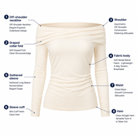 Haut doux pour femme à épaules dénudées, col large plissé, manches longues froncées, vente en gros, fabrication OEM