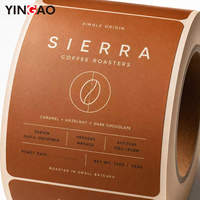 Autocollants personnalisés Yingao, impression UV imperméable, étiquettes minimalistes pour torréfacteur de café d'origine unique, rouleau élégant, raffiné, durable
