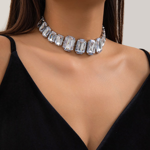 JEAIRTS Rhinestone Choker Necklace – Silver Diamond Row Sparkly Crystal Chain For Women, Alloy