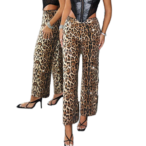 Wholesale 2025 New Popular Breathable High Waist Elastic Leopard Print Casual <b>Summer</b> Straight Leg <b>Pants</b> - Product Image 1