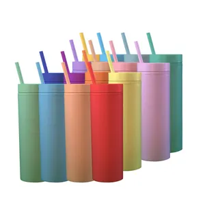 Schiebe deckel BPA frei 16oz doppelwandiger dünner Plastik pastell becher mit Strohhalm