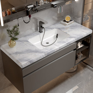 New Modern Minimalist Stone-Look Seamless Ceramic Basin Smart Mirror Water Resistant Wall-Mounted Rounded-Corner Bathroom Vanity - Product Image 2
