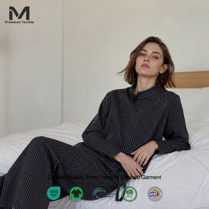 Pigiama da donna in cotone a righe con colletto alla coreana, maniche lunghe, bottoni, coulisse, pantaloni a gamba larga, abbigliamento casual da giorno e da notte SOFT15 - Product Image 1