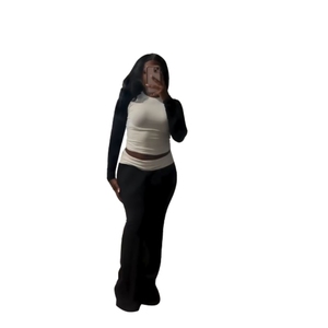 Casual Color Contrast Long Sleeve High-Waisted Slim Pants Fleece Suit 2 Pieces <b>Set</b> for Women Fashion - Product Image 5