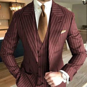 Traje de Hombre de Diseño Premium con Rayas Color Vino, Solapa en Pico, Blazer Formal de Negocios, Traje de Novio de 3 Piezas, Trajes Clásicos de Corte Ajustado - Product Image 1