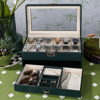 Boîte à montres et bijoux à deux niveaux en cuir grain litchi avec couvercle en verre, tiroir coulissant et doublure en peluche – Vente en gros OEM ODM