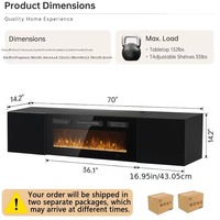 Meuble TV mural flottant bicolore noir et blanc de style farmhouse avec foyer électrique de 36 pouces et éclairage LED