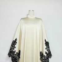 Robe Abaya Musulmane d'Automne en Satin, Kaftan Noir Brodé de Dentelle, Manches Chauve-Souris, Col Montant, Longue Robe Maxi Islamique pour Femme