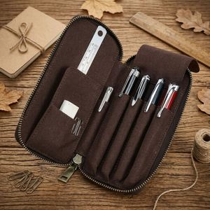 Étui à stylos vintage en cuir Crazy Horse, lot de 4, fait main, multifonctionnel, avec fermeture éclair, en cuir véritable, boîte à papeterie pour étudiants - Product Image 1
