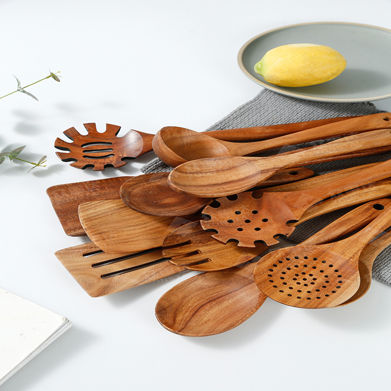 Nonstick Acacia Wood Kitchen Cooking Spoons Spatula Non Toxic Spatulas Turner Slotted Serving Spatula Salad Mixing Spoon Fork · image 3