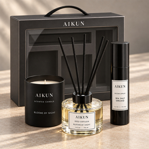Aikun 160ML 100ML Ensemble diffuseur à bâtonnets et bougie parfumée en pot de verre avec logo personnalisable, boîte noire, toutes senteurs, faible MOQ, réponse rapide pour les marques - Product Image 1