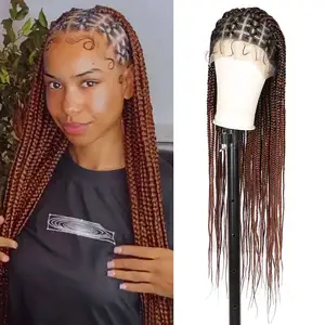 Jennifer Ready To Ship Cross Knotless Box Braided with Baby Hair 36" Full Double Lace Cornrow Lace Front Black Braids Hair Wigs