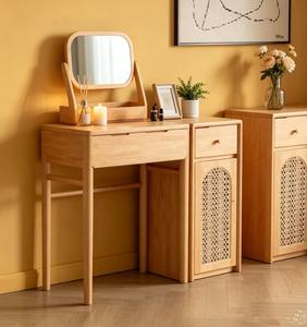 Premium Solid Oak Rattan <b>Dressing</b> <b>Table</b> Adjustable Mirror Multi <b>Storage</b> Cabinet Minimalist Bedroom Makeup Vanity - Product Image 5