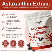 Complément alimentaire antioxydant à base de microalgues Health GLOW Astaxanthine en gélules molles, 12 mg par dose, 120 unités.