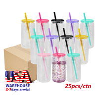Gobelet à double paroi en acrylique transparent de 16 oz, type Mason Can, avec couvercle en plastique coloré, pour vinyle UV DTF, très vendu aux États-Unis