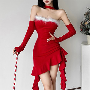 Abito Natalizio Rosso <span class=keywords><strong>Sexy</strong></span> da Donna con Volant Irregolari, Maniche Lunghe, Spalle Scoperte, Vestito Aderente per Feste - Product Image 2