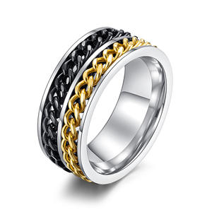 Men's Double Chain Rotating <b>Ring</b> Black Gold Steel Color Trendy Street Style Hip Hop Index Finger Jewelry Gift - Product Image 1