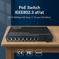 Convertidor de Fibra Óptica TINCAM 1, 8 Puertos Ethernet, 10/100Mbps, 20km, Monomodo, Doble Fibra SC, para Cámaras de Seguridad