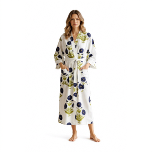Bata de baño de algodón con estampado floral para mujer, cuello en V, manga larga, transpirable, de longitud completa, estilo kimono, con pantalones y cinturón, conjunto envolvente para el hogar - Product Image 1