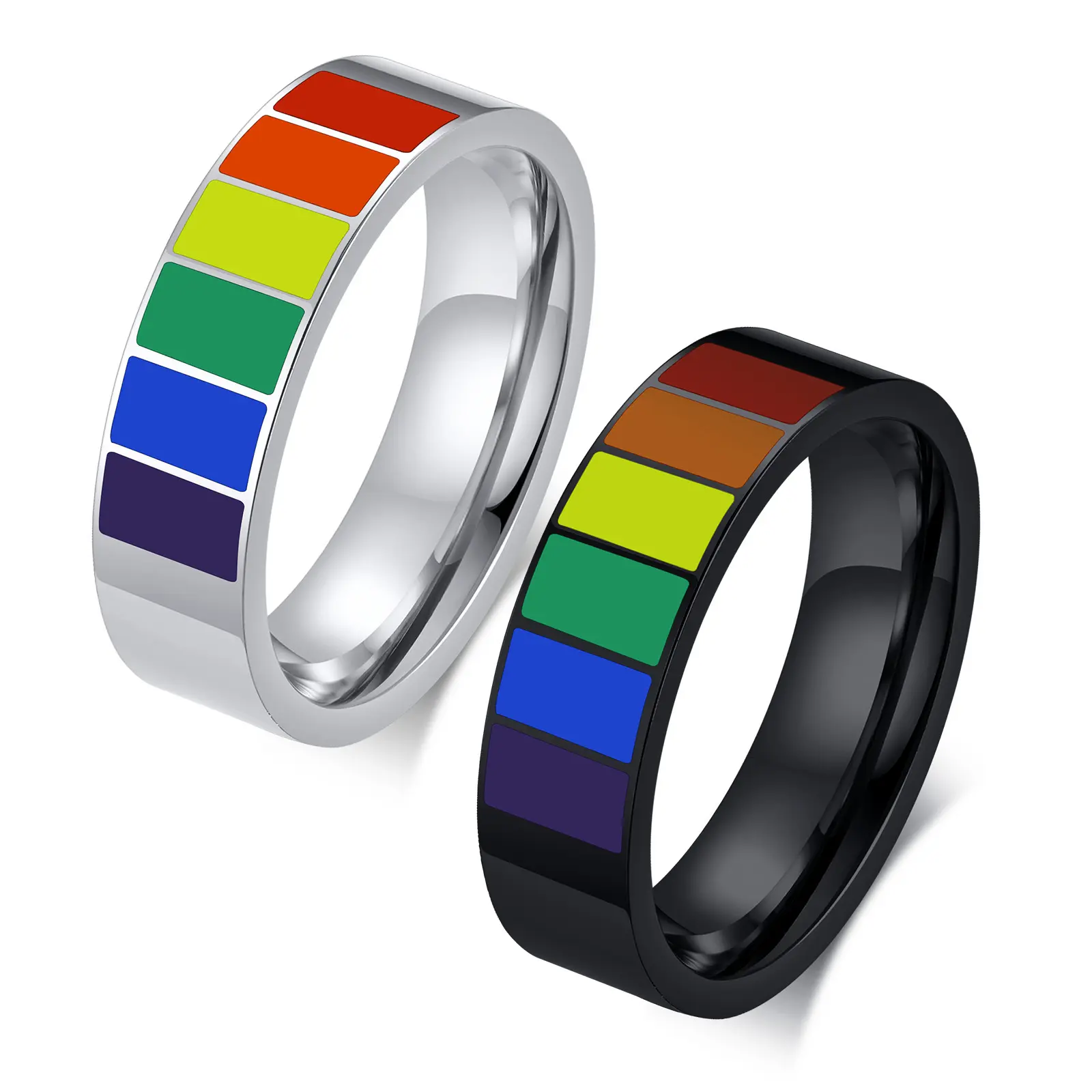 Mode acier inoxydable demi-bord goutte colle arc-en-ciel anneau argent noir Couple anneau pour les amoureux