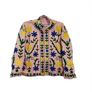 Veste pour femme brodée de fleurs roses, en coton, style Suzani, manches longues, col montant, automne-hiver - Product Image 5