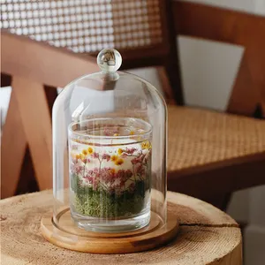 Hand Blown Decorative Clear Display Glass Cloche Candle Jar Dome Lid Cover With Natural Bamboo Base