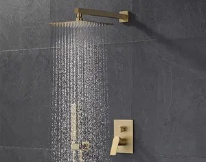 Champagne Bronze Rain Shower System with 12 Inch Shower Head and Handheld Bathroom Wall Mounted Brushed Golden Shower Set