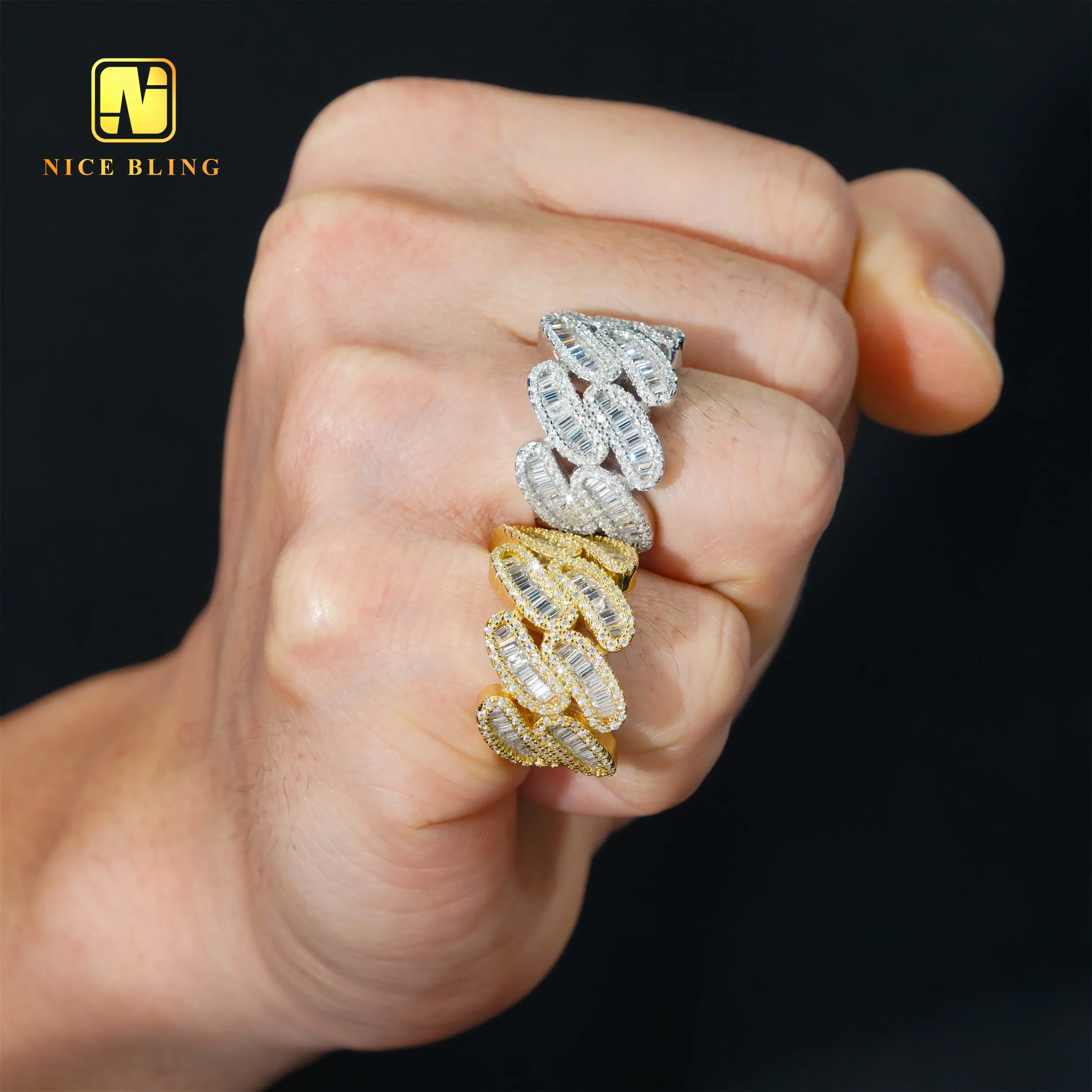 Mode es keluar cincin Kuba 925 perak hip hop perhiasan pria baguette moissanite berlian cincin pertunangan