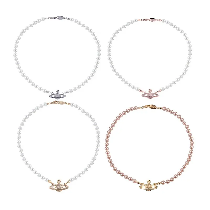 Amazon Bestseller Mode Frauen Schmuck Kristall Strass Gold Planet Saturn Anhänger natürliche Perle Perle Choker Halskette