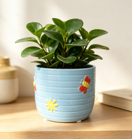 Pot de fleurs en céramique émaillée bleu rayé avec motif nid d'abeille de 4,75 pouces pour plantes d'intérieur, succulentes, herbes et fleurs, pour jardin intérieur ou extérieur