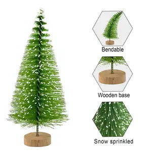 Sisal Fles Borstel Mini Grenen Bomen Met Houten Basis Sneeuw Frosted Bomen Winter Sneeuw Tafelblad Kerst Decoratie Benodigdheden