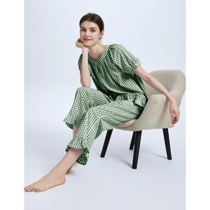 Womens Plaid 2 Piece Pajamas Set Gingham Button <b>Down</b> Short Sleeve Ruffle <b>Pants</b> Lounge Wear Sleepwear - Product Image 5
