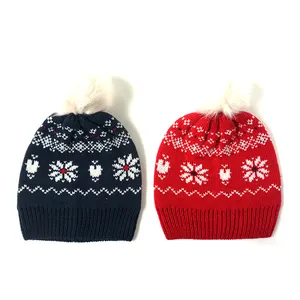 Customized Unisex Snowflake Pattern Knitted Beanie Hat With Pompom