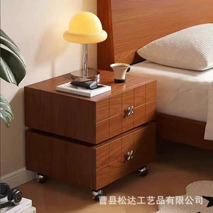 <b>Vintage</b> style wooden bedside <b>table</b>, solid wood, movable bedroom bedside storage cabinet with wheels, living room <b>side</b> <b>table</b> - Product Image 3