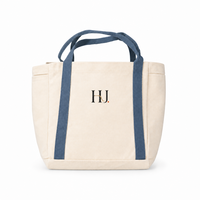Sac fourre-tout en toile beige à grande capacité avec poignée renforcée, lettres brodées contrastées, couleur, taille, support en tissu