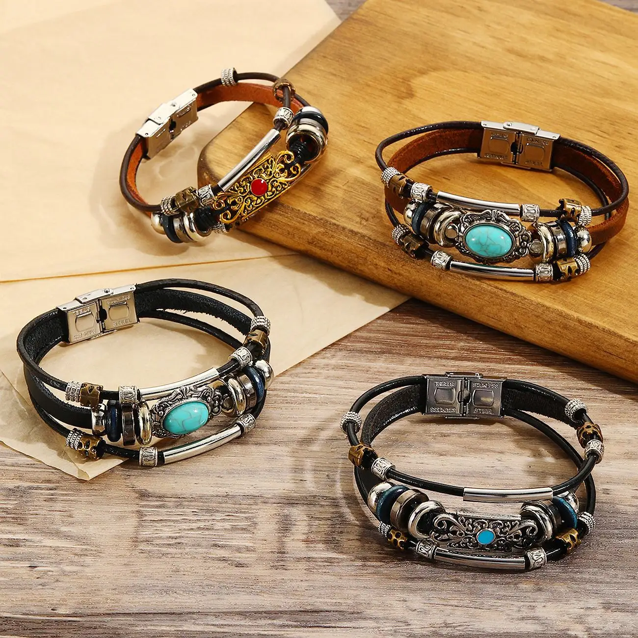 2023 TS Hot Sales Design Fashion Blue Turquoise Woven Leather Bracelet Adjustable Cross Multi Color Wheel Beads Bracelets