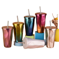 Gobelet isotherme en acier inoxydable 304 de 500 ml, forme diamant, avec paille, tasse à café à double paroi sous vide