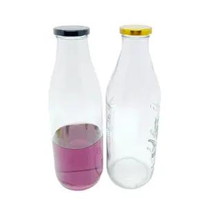 Botol kaca bening 1000ml 1 Liter, grosir kosong rasa pisang susu bulat dengan tutup Lug untuk teh, jus