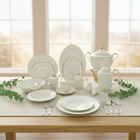 Service de table en porcelaine fine 60-66 pièces avec bord doré, écologique et compatible lave-vaisselle pour 6 personnes