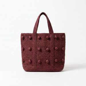 Bohemian <b>Crochet</b> Raffia Tote <b>Bag</b> Brown Open Top Beach Handbag for Women - Product Image 4