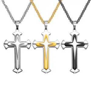 Wholesale necklace men rectangle pendant-Wholesale Religious Jewelry Mens Cross Pendant Men's Gold Silver Black Pendant Chain Necklace HipHop Male Statement Necklace