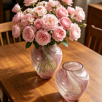 Vase à fleurs en verre soufflé à la main, motif tourbillon rose, vase décoratif rond pour bouquet, centre de table pour salon