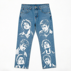 Jean en denim imprimé pour homme 100% coton, taille mi-haute, devant plat, tissu peigné, coupe droite, style décontracté, streetwear, pantalon de travail - Product Image 1