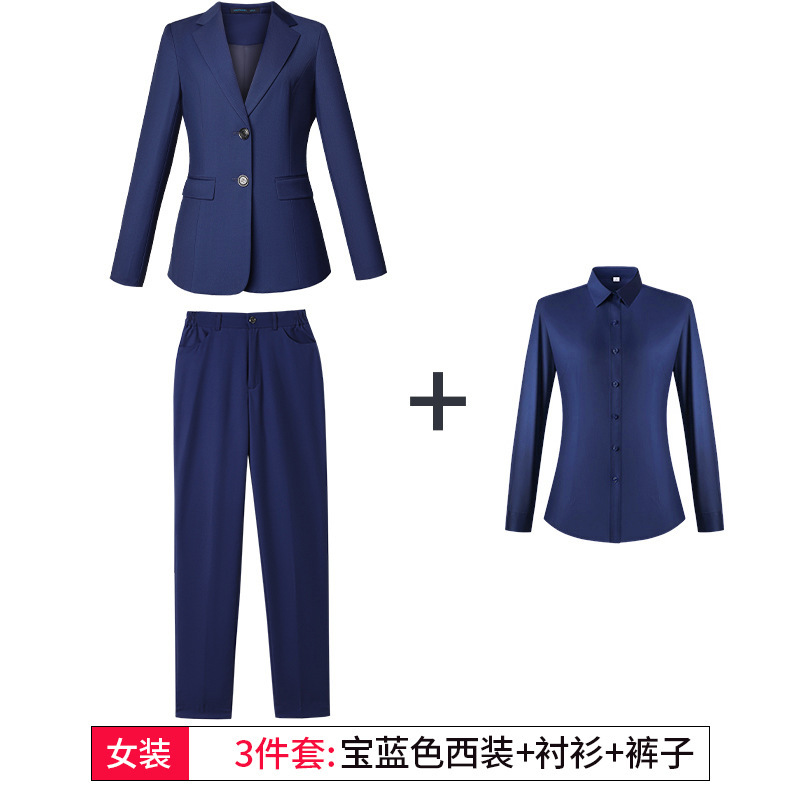 Mujer azul royal (traje + camisa azul marino + pantalón)