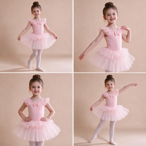 Justaucorps de ballet rose pour filles, robe de danse tutu avec volants aux épaules et nœud, tenue de scène pour performance - Product Image 2